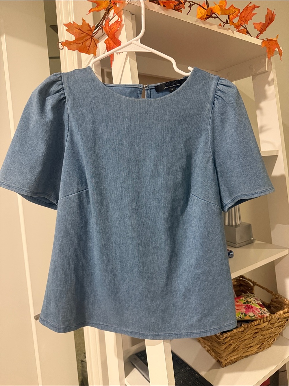 White House Black Market Light Blue Denim Puff Sleeve Top